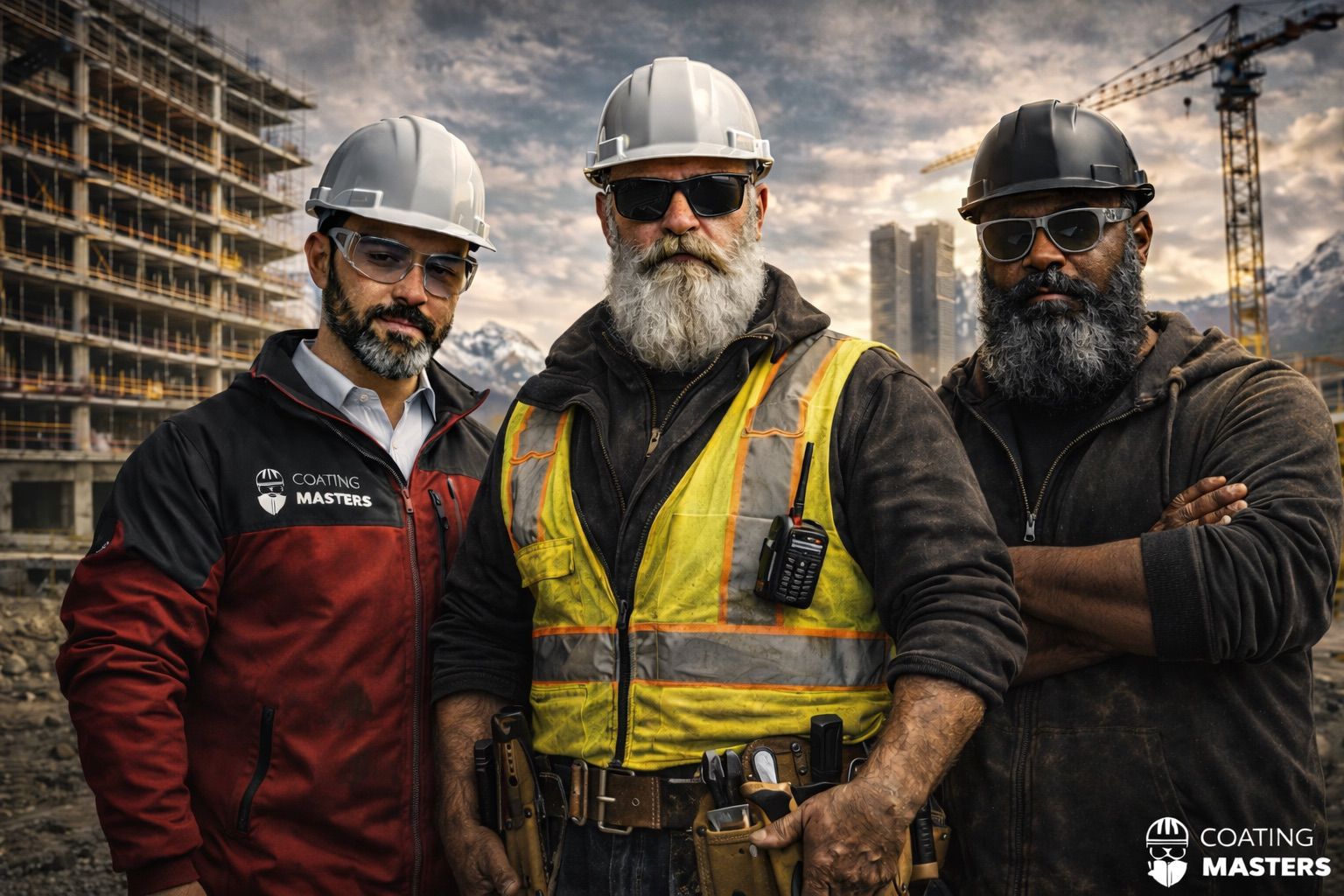 Three construction professionals wearing helmets and protective equipment at a jobsite — Coating Masters brand identity